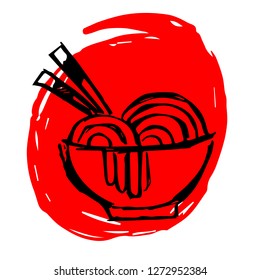Hand Drawn / Sketch Vector Illustration of Red Background Banner with Noodles or Ramen