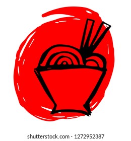 Hand Drawn / Sketch Vector Illustration of Red Background Banner with Noodles or Ramen