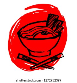 Hand Drawn / Sketch Vector Illustration of Red Background Banner with Noodles or Ramen