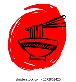 Hand Drawn / Sketch Vector Illustration of Red Background Banner with Noodles or Ramen