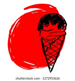 Hand Drawn / Sketch Vector Illustration of Red Background Banner with Ice Cream Summer Food