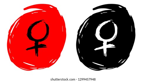 Hand Drawn / Sketch Vector Illustration of Female Gender Symbol with Red and Black Background Circle