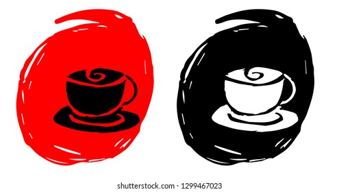 Hand Drawn / Sketch Vector Illustration of Coffee Drinks with Red and Black Background Circle