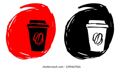 Hand Drawn / Sketch Vector Illustration of Coffee Drinks with Red and Black Background Circle