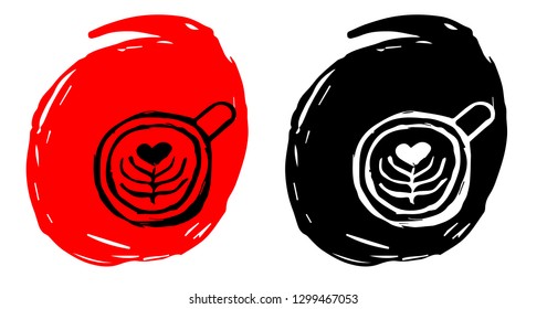 Hand Drawn / Sketch Vector Illustration of Coffee Drinks with Red and Black Background Circle