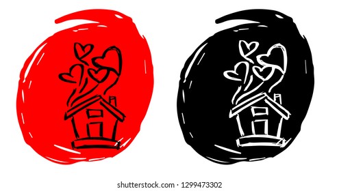 Hand Drawn / Sketch Vector Illustration of House or Home with Red and Black Background Circle