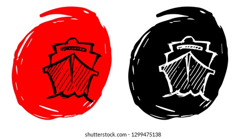 Hand Drawn / Sketch Vector Illustration of Ship and Boat with Red and Black Background Circle