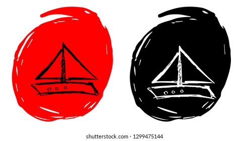 Hand Drawn / Sketch Vector Illustration of Ship and Boat with Red and Black Background Circle