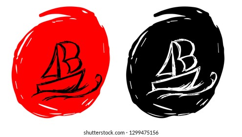 Hand Drawn / Sketch Vector Illustration of Ship and Boat with Red and Black Background Circle