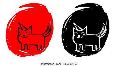 Hand Drawn / Sketch Vector Illustration of Cat Unicorn with Red and Black Background Circle