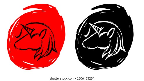 Hand Drawn / Sketch Vector Illustration of Unicorn Horse with Red and Black Background Circle