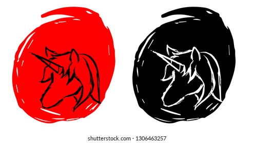 Hand Drawn / Sketch Vector Illustration of Unicorn Horse with Red and Black Background Circle
