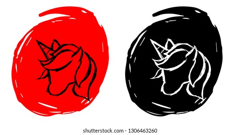 Hand Drawn / Sketch Vector Illustration of Unicorn Horse with Red and Black Background Circle