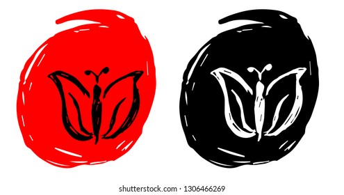 Hand Drawn / Sketch Vector Illustration of Butterfly with Red and Black Background Circle