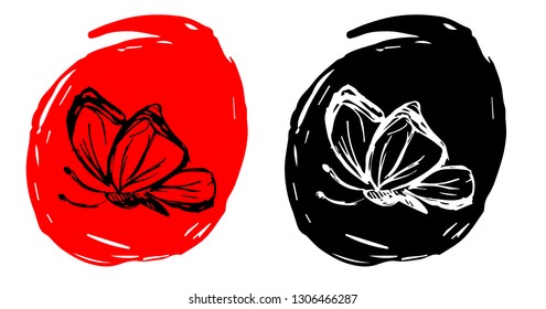 Hand Drawn / Sketch Vector Illustration of Butterfly with Red and Black Background Circle