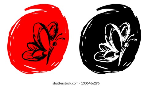 Hand Drawn / Sketch Vector Illustration of Butterfly with Red and Black Background Circle
