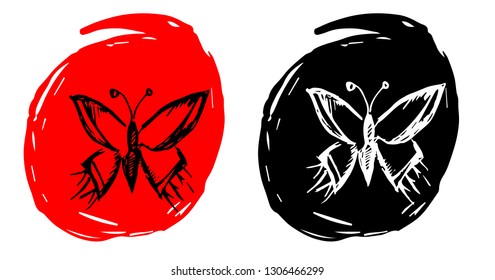 Hand Drawn / Sketch Vector Illustration of Butterfly with Red and Black Background Circle
