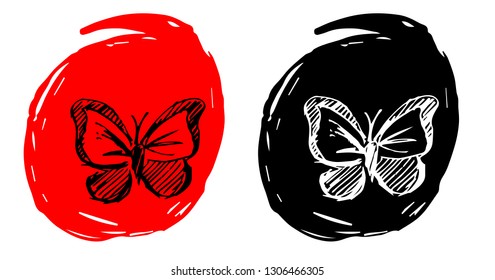 Hand Drawn / Sketch Vector Illustration of Butterfly with Red and Black Background Circle