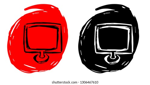 Hand Drawn / Sketch Vector Illustration of Computer or Laptop with Red and Black Background Circle