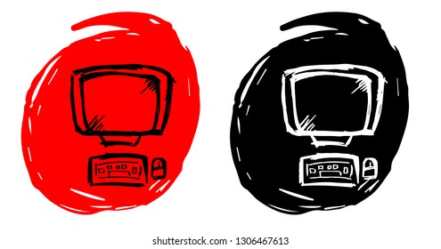 Hand Drawn / Sketch Vector Illustration of Computer or Laptop with Red and Black Background Circle