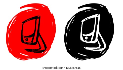 Hand Drawn / Sketch Vector Illustration of Computer or Laptop with Red and Black Background Circle