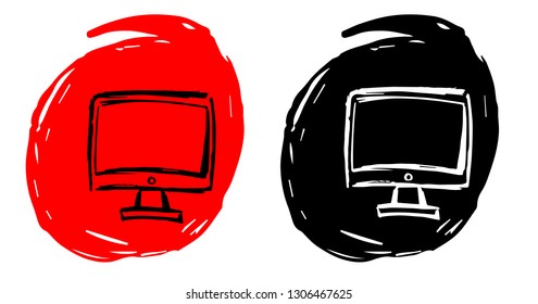 Hand Drawn / Sketch Vector Illustration of Computer or Laptop with Red and Black Background Circle