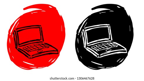 Hand Drawn / Sketch Vector Illustration of Computer or Laptop with Red and Black Background Circle