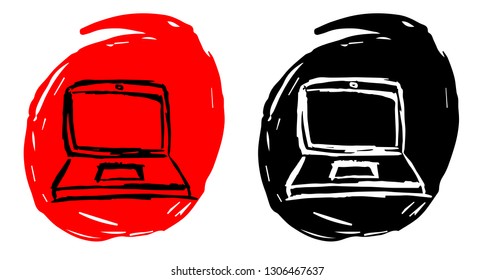 Hand Drawn / Sketch Vector Illustration of Computer or Laptop with Red and Black Background Circle