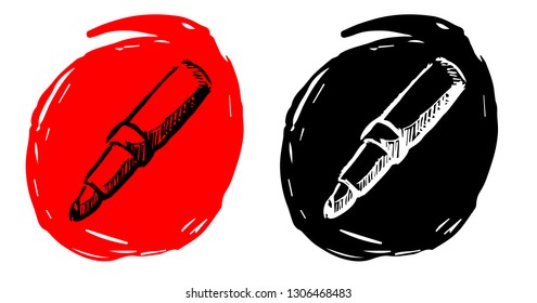 Hand Drawn / Sketch Vector Illustration of Makeup Lipstick with Red and Black Background Circle