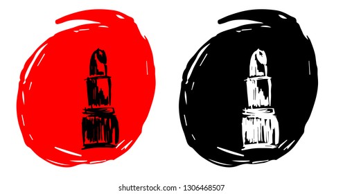 Hand Drawn / Sketch Vector Illustration of Makeup Lipstick with Red and Black Background Circle