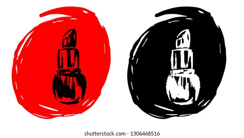Hand Drawn / Sketch Vector Illustration of Makeup Lipstick with Red and Black Background Circle