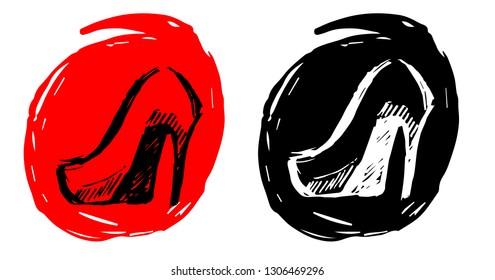 Hand Drawn / Sketch Vector Illustration of Heels Fashion with Red and Black Background Circle