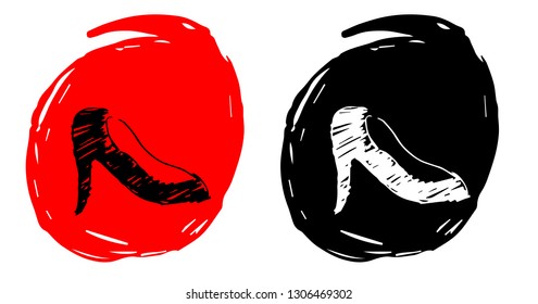 Hand Drawn / Sketch Vector Illustration of Heels Fashion with Red and Black Background Circle