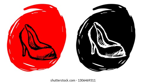Hand Drawn / Sketch Vector Illustration of Heels Fashion with Red and Black Background Circle
