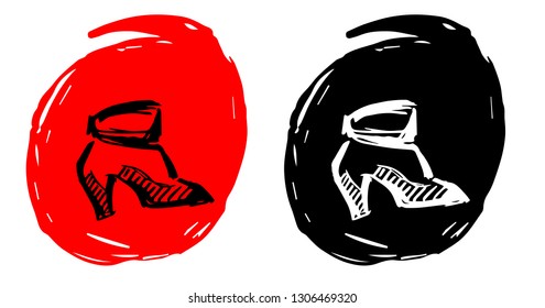 Hand Drawn / Sketch Vector Illustration of Heels Fashion with Red and Black Background Circle