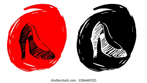 Hand Drawn / Sketch Vector Illustration of Heels Fashion with Red and Black Background Circle
