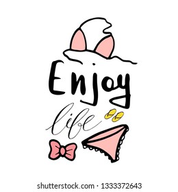 Hand drawn sketch vector illustration on white background, design elements. Lettering summer time, just relax.