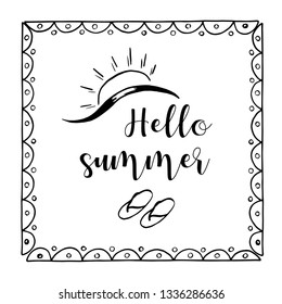 Hand drawn sketch vector illustration on white background, design elements. Lettering summer time.