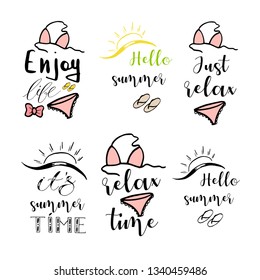 Hand drawn sketch vector illustration on white background, design elements. Lettering summer time, just relax.