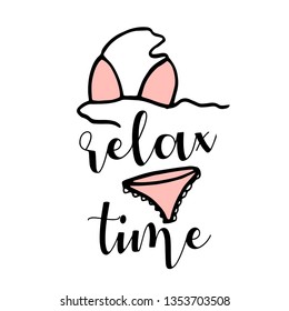 Hand drawn sketch vector illustration on white background, design elements. Lettering summer time, just relax.