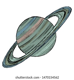 Hand drawn, sketch, vector illustration of Saturn. Named of Roman god of time. Sixth planet and second-largest of Solar system. Planet has planetary rings of Saturn rings. Motive of astronomy