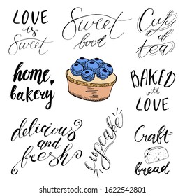  Hand drawn sketch vector illustration on white background, design elements. Menu design. Lettering bread, home, house, bakery. Baked with love.