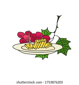 Hand Drawn Sketch Vector Illustration of Bunch of Ripe Red Grape Plate of Cheese appetizer. French Italian Spanish Mediterranean cuisine concept