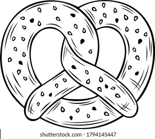 boceto dibujado a mano ilustración vectorial german pretzel icono de comida para panadería o pastelería bollo de doodle negro y blanco