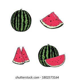 Hand drawn sketch vector illustration - Colorful watermelon and slices with seeds collection. Design natural melon fruit object