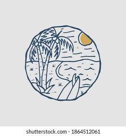 Hand Drawn Sketch Vector illustration beach and two coconut trees.