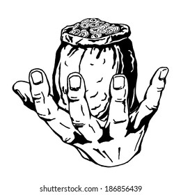 hand drawn, sketch, vector illustration of bag of coins in hand