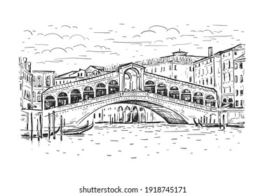 Hand drawn sketch vector illustration of Venice, Italy. Drawing of Bridge Rialto, Grand canal, houses and gondola. Black line isolated on white. Vintage design for print, postcard, engraving