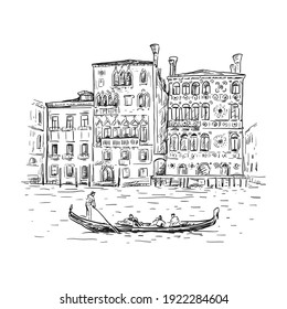 Hand drawn sketch vector illustration of Venice, Italy. Drawing of a canal, houses and gondola. Tourism Concept. Black line isolated on white