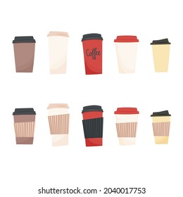 Hand drawn sketch vector illustration of set of side view hold paper to go take away coffee or tea cups with paper sleeves. Isolated on white background